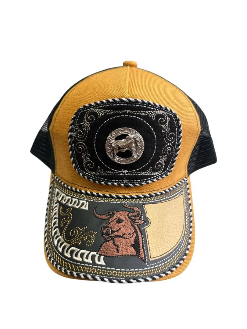 Custom leather snapback hat with Western style, crafted cowboy cap by Jose Alberto Chavez, featuring a front snap closure.