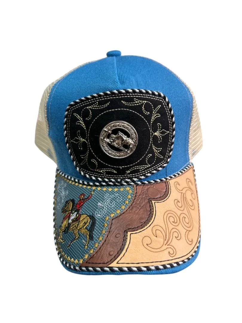 Custom leather front snapback hat by Jose Alberto Chavez featuring Western style and cowboy-inspired design.
