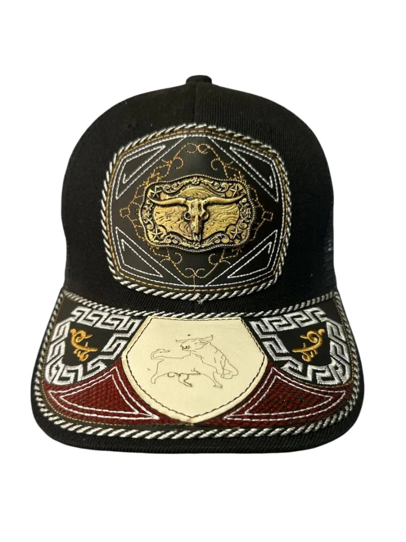 Custom leather snapback hat with western style, crafted cowboy cap featuring front snap closure by Jose Alberto Chavez.