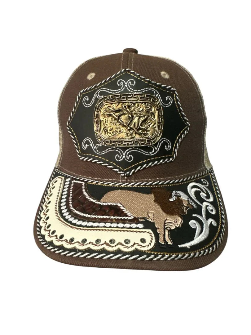 Custom leather snapback hat by Jose Alberto Chavez featuring Western style and front snap closure, crafted for a stylish cowboy look.