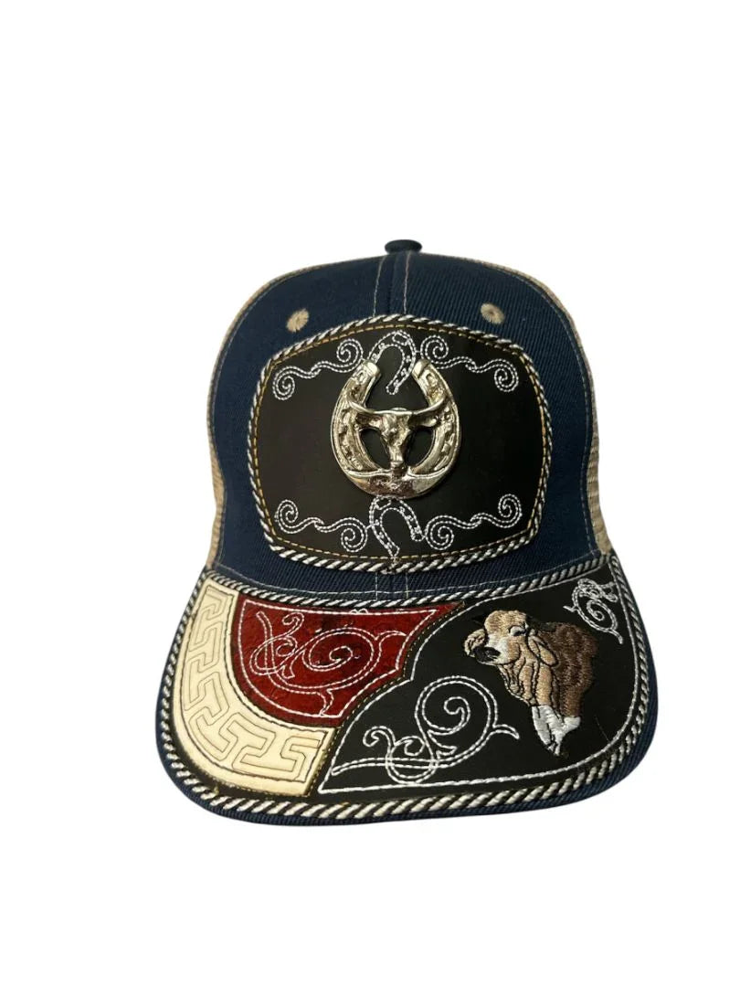 Custom leather snapback hat by Jose Alberto Chavez featuring Western cowboy style and front snap closure.
