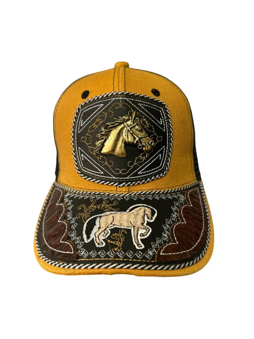 Custom leather snapback hat with western cowboy style, individually crafted by Jose Alberto Chavez, featuring a front snap closure.