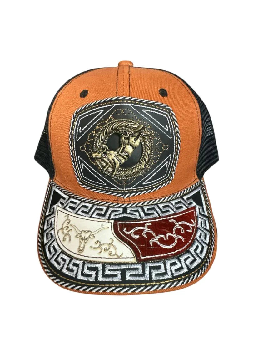 Custom leather snapback hat with western style, crafted cowboy cap featuring front snap closure and detailed stitching by Jose Alberto Chavez