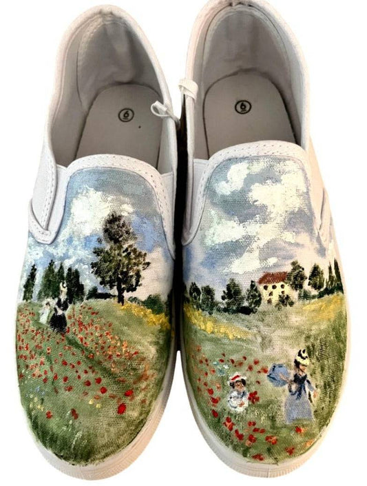 Custom Women’s Canvas Loafers – Handpainted Monet-Inspired Poppy Field (Size 6)