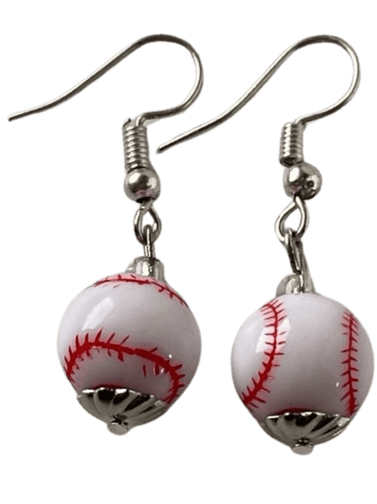 Dangle Baseball Earrings - Red Resin Beads with Silver Bead Caps, 1-Inch Length