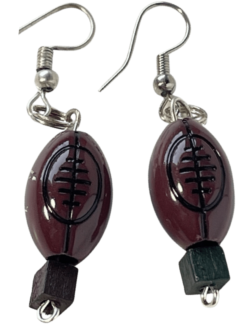 Dangle Football Earrings - Brown Resin Wood Beads, 1-Inch Length