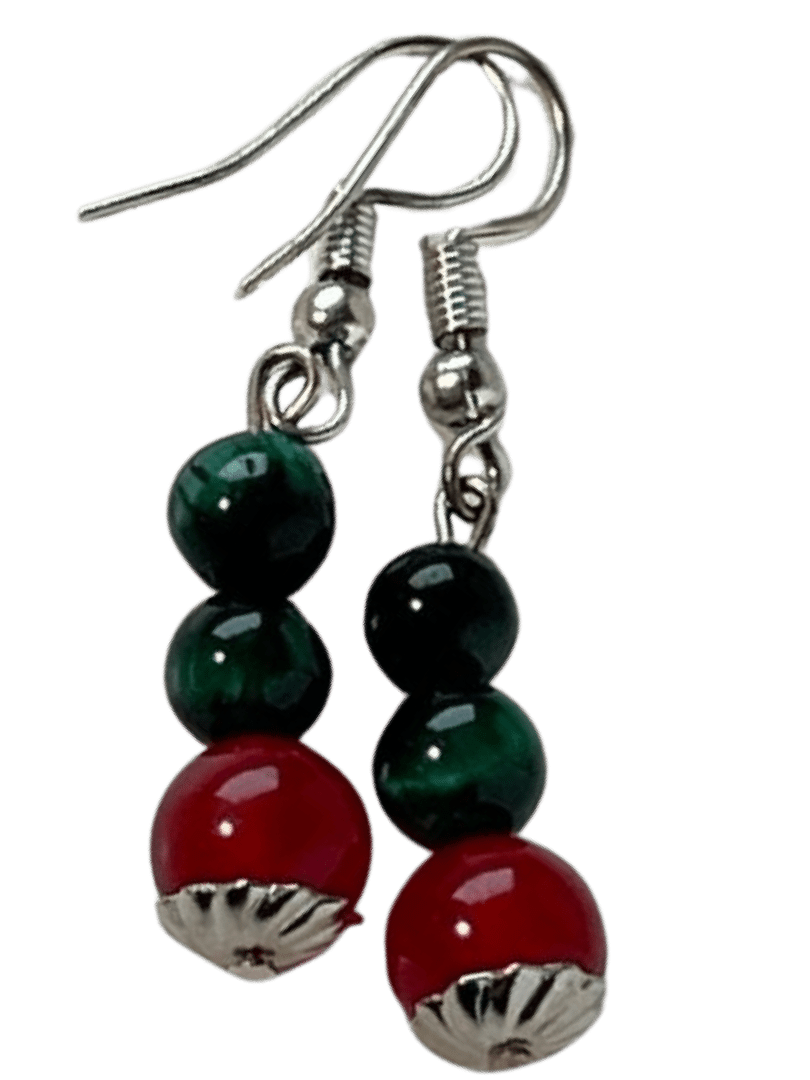 Dangle Green Jade Earrings - Red Jade Beads, .75-Inch Length