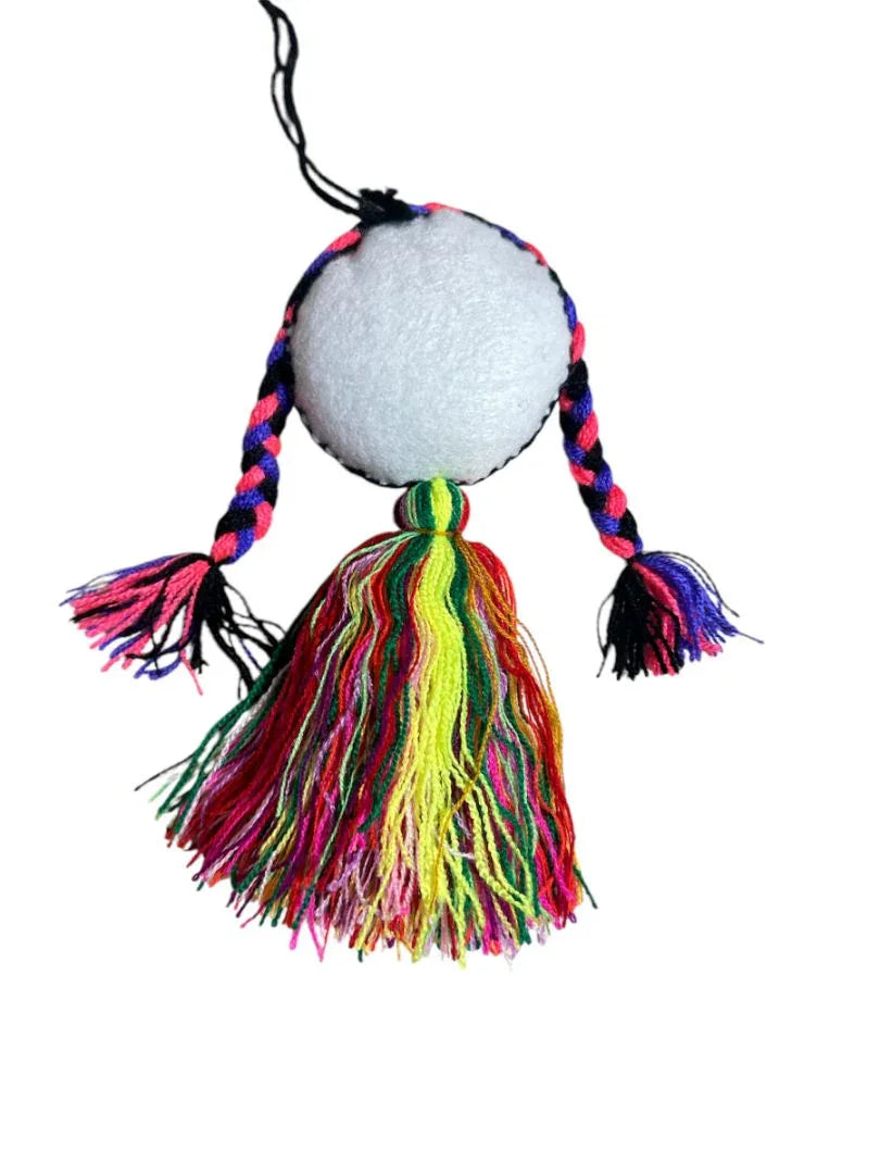Colorful Day of the Dead embroidered tassel charm by Jose Alberto Chavez, featuring vibrant Mexican artisan design for bags, keys, or decor.