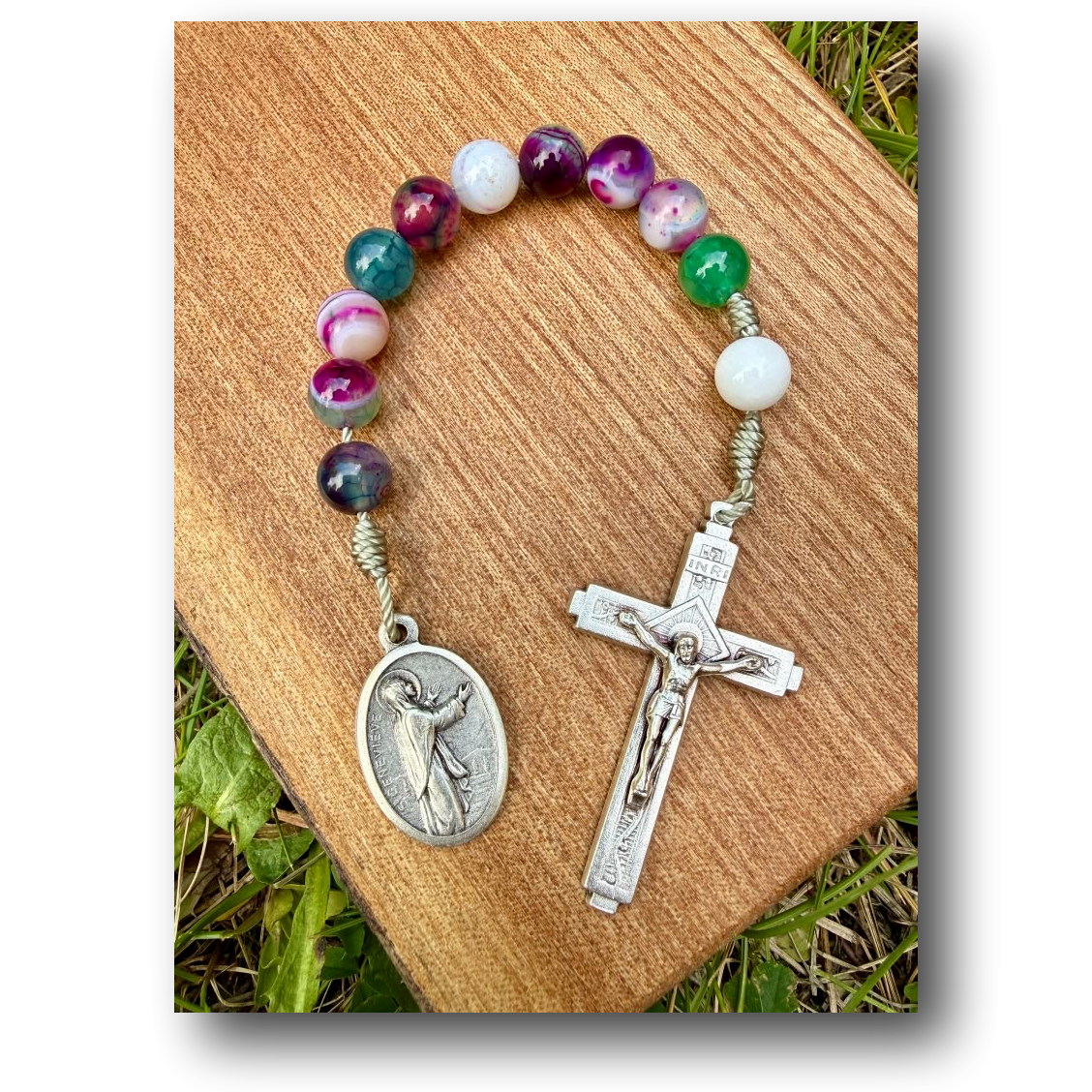Catholic pocket rosary with agate and jade beads, one decade, by Liza Murphy, featuring a Christian design and compact size.
