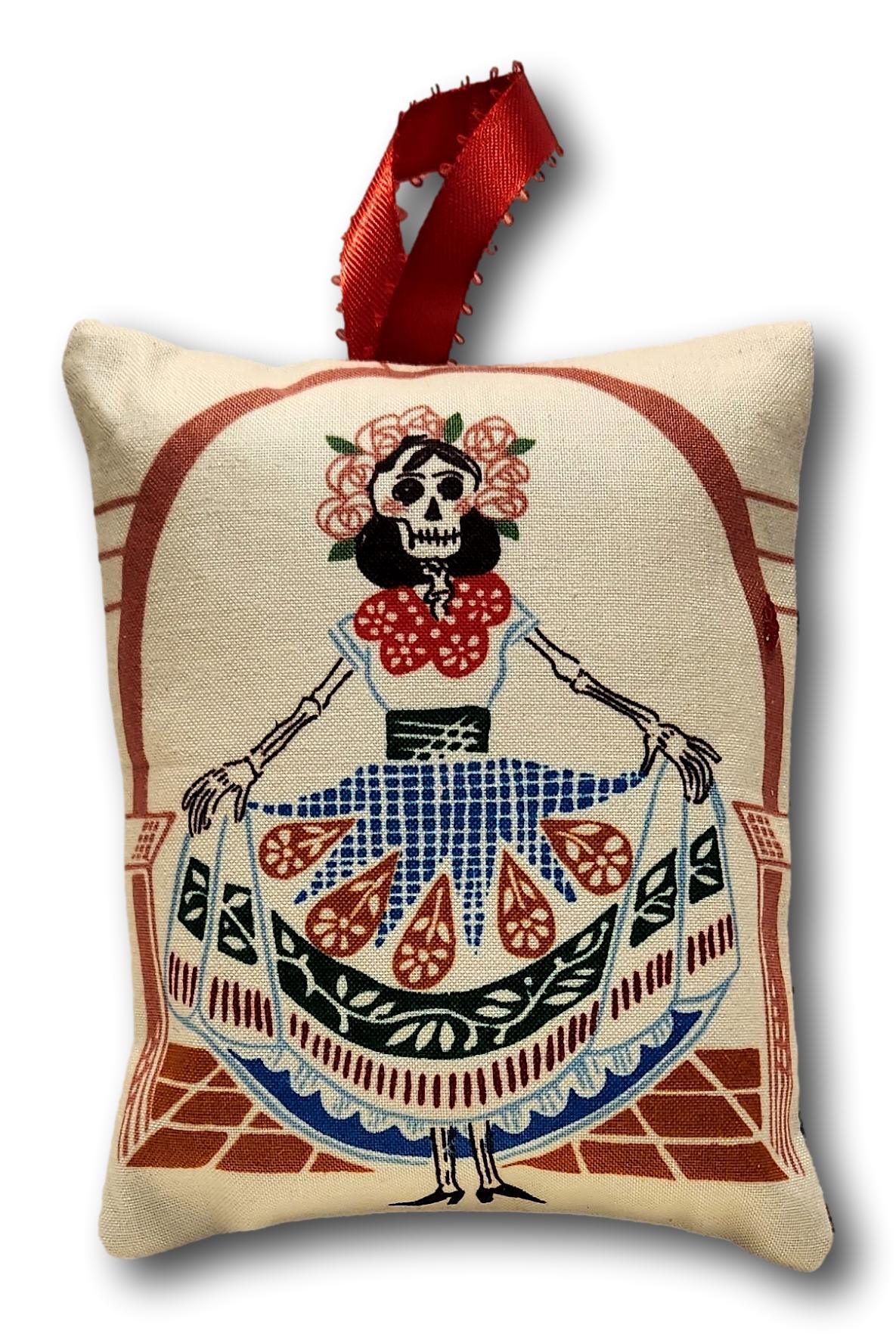 Decorative cotton pillow ornament with Day of the Dead theme, featuring various designs, 5x4 inches, ideal for home decor.