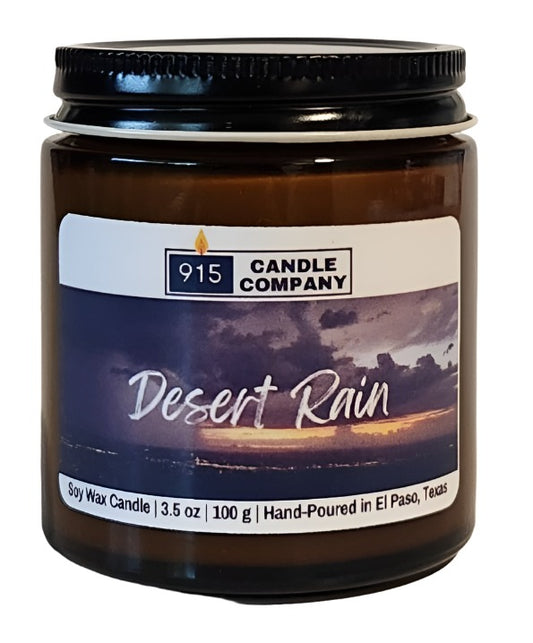 Desert Rain scented soy candle by Karin Melson in a clear glass jar, hand-poured, small batch, perfect as a souvenir or gift.