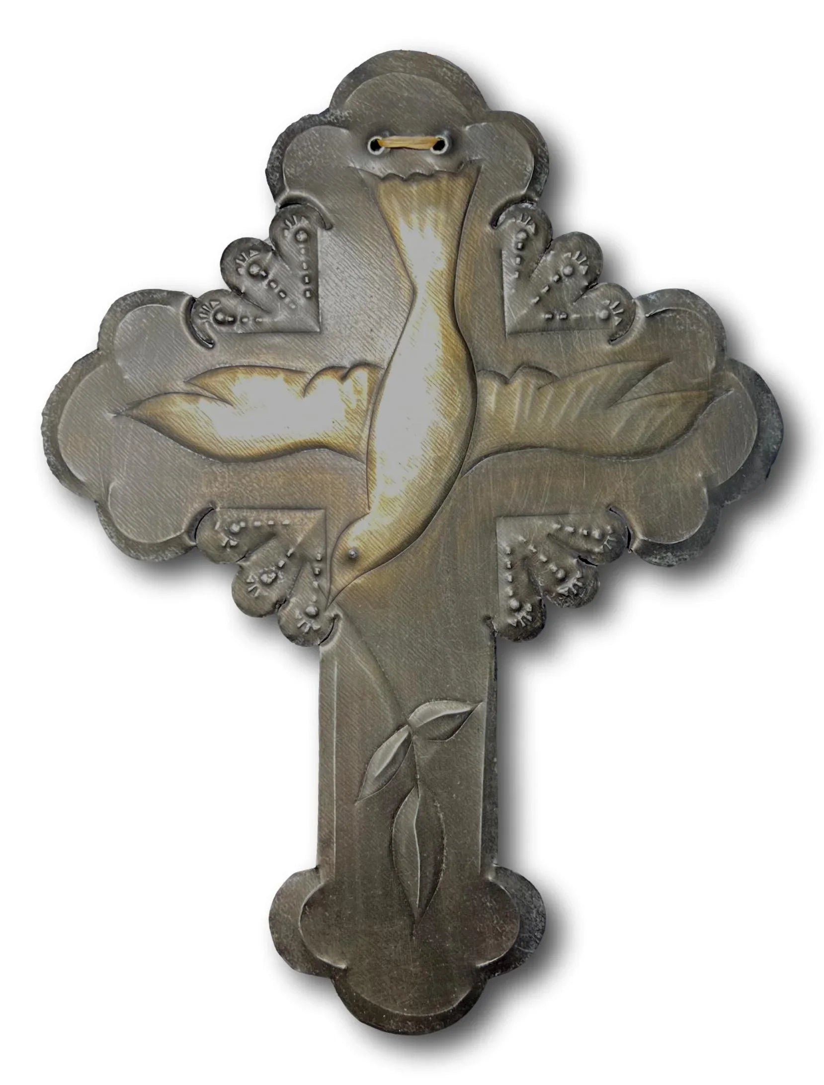 Repujado tin cross wall art featuring a dove of peace by Jerry Montoya, New Mexico santero artist, 9 by 7 inches.