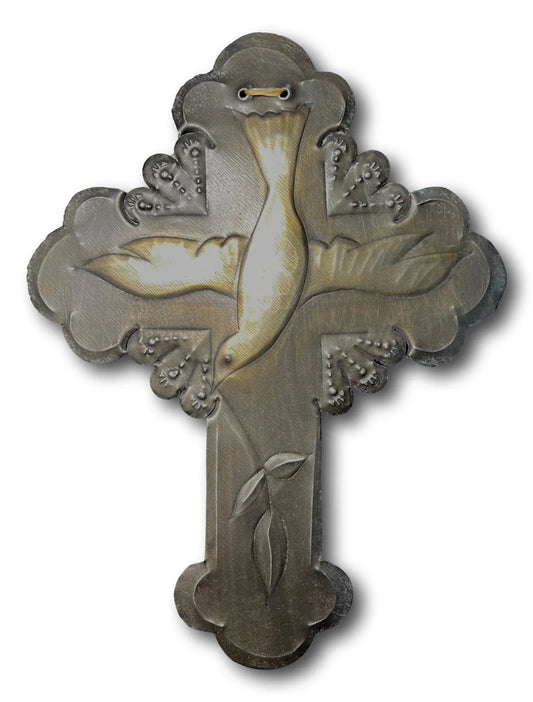 Repujado tin cross wall art featuring a dove of peace by Jerry Montoya, New Mexico santero artist, 9 by 7 inches.