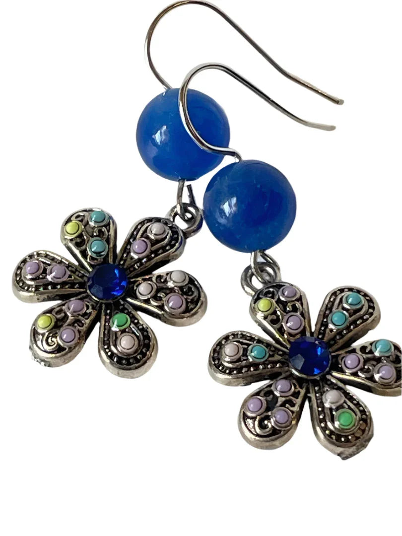 Silver alloy dangle earrings with flower design, multi-color beads, and 7mm blue kyanite beads, 1.5 inches long.