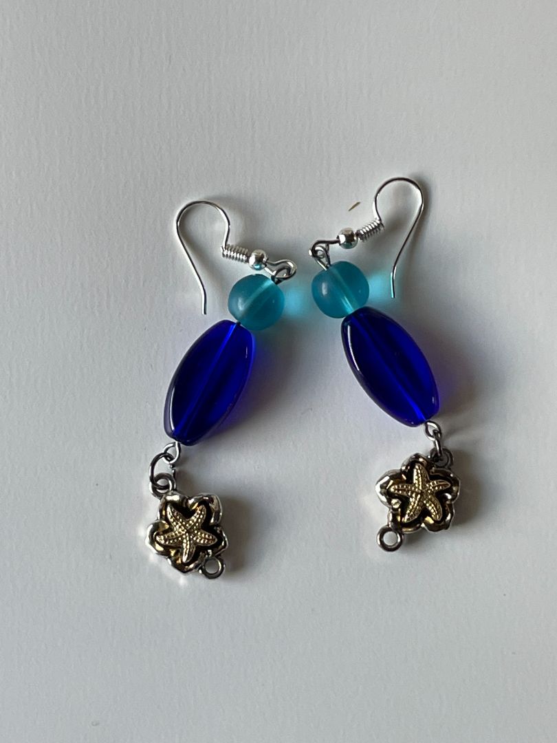 Deep Blue Glass Bead Earrings with Starfish Charm - 2-Inch Turquoise Dangle