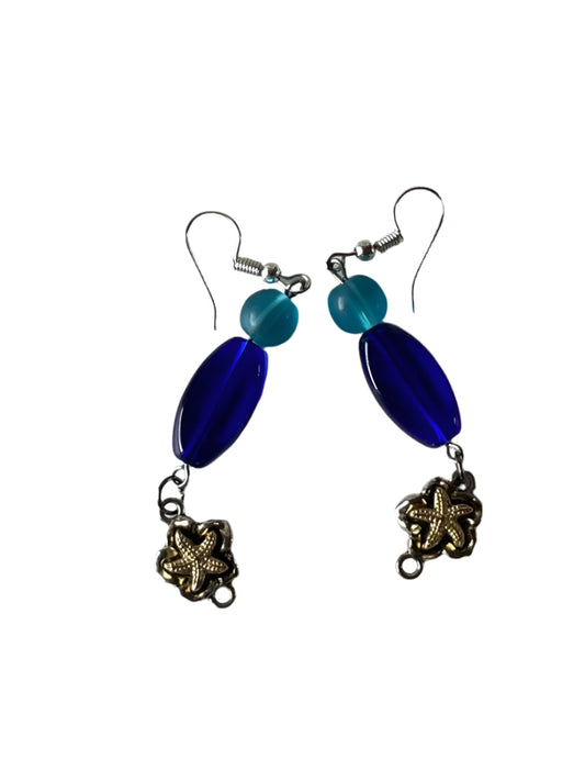 Deep Blue Glass Bead Earrings with Starfish Charm - 2-Inch Turquoise Dangle