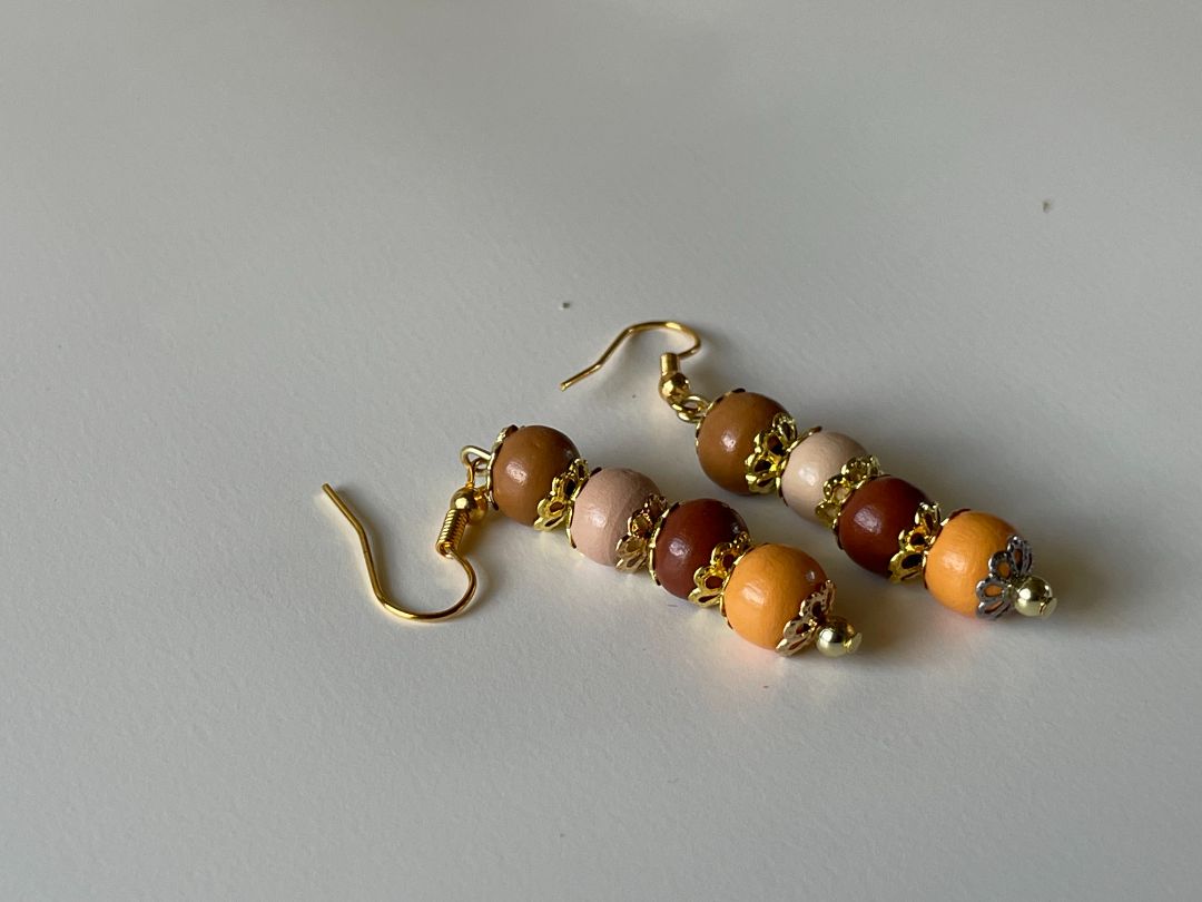 Brown & Pale Orange Wood Bead Earrings - 1.5-Inch Gold Dangle Design