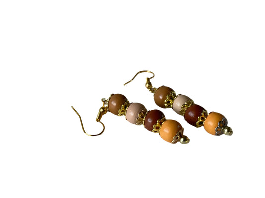 Brown & Pale Orange Wood Bead Earrings - 1.5-Inch Gold Dangle Design