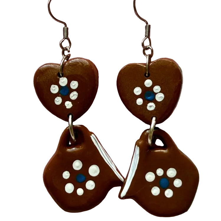 Earth tone polymer clay drop earrings with Mexican folk design by Lorena Williams, featuring colorful, handcrafted jewelry.