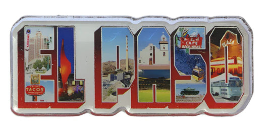 El Paso acrylic pin by Miguel Martinez featuring an iconic city-inspired design, perfect as a souvenir or collectible accessory.