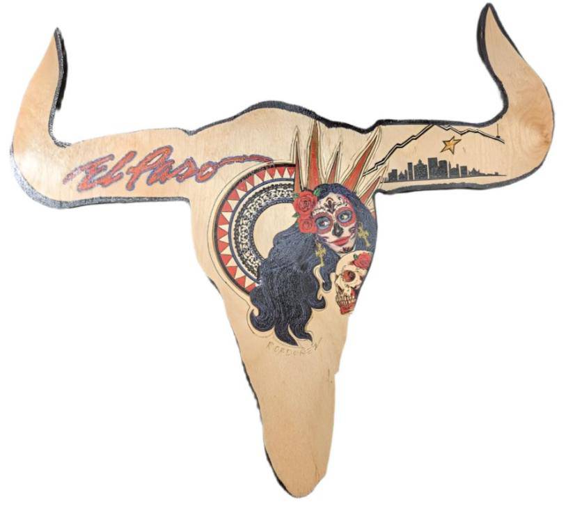 El Paso Catrinas with Southwest Sun on 15"x12" Wood Southwest Cow Skull by Ramiro Ordoñez