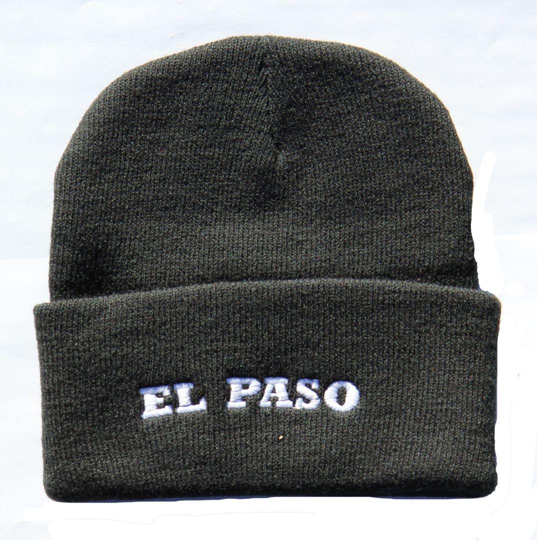 Black El Paso-El Chuco beanie by Miguel Martinez, one size fits all, stylish headwear with El Paso souvenirs and gifts theme.
