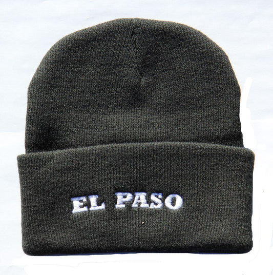 Black El Paso-El Chuco beanie by Miguel Martinez, one size fits all, stylish headwear with El Paso souvenirs and gifts theme.