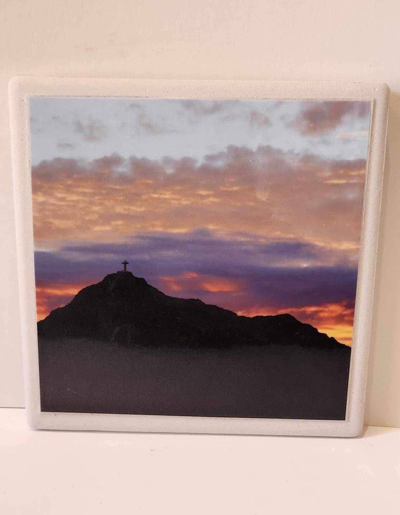 El Paso Franklin Mountain Coaster – Grey Sky, Ceramic with Cork Backing 4x4 inches