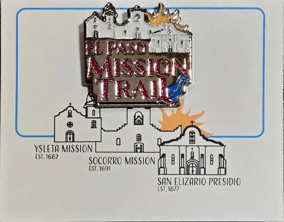 El Paso Mission Trail enamel pin featuring Ysleta Mission design, collectible souvenir lapel pin by Vanessa Clark.