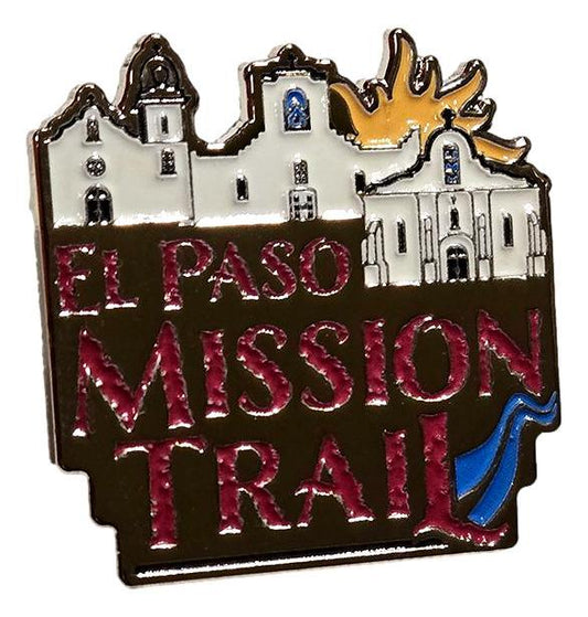 El Paso Mission Trail enamel pin featuring historic Ysleta Mission, collectible lapel pin by Vanessa Clark, perfect for souvenirs.