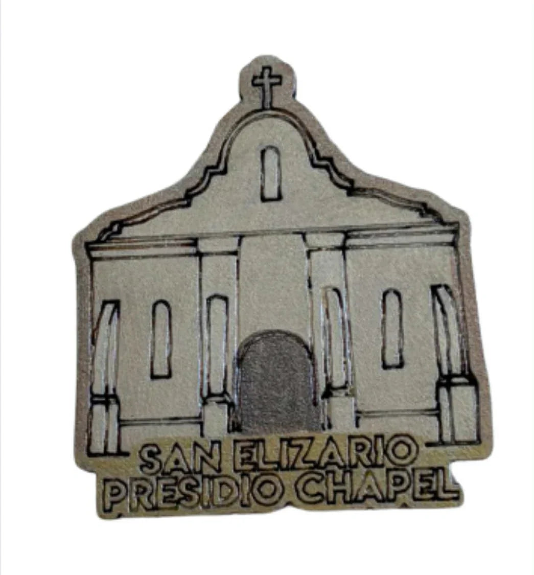 Mini El Paso Mission Trail magnet with laser-etched details, featuring a 2x2 inch design by Norma Cordova De Schaefer.