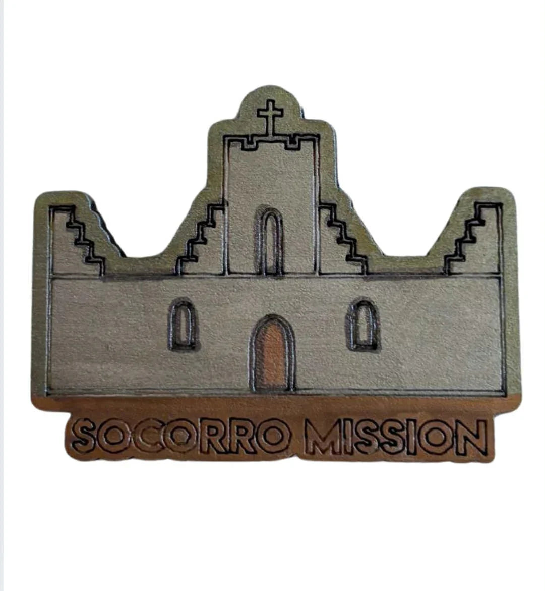 Mini El Paso Mission Trail magnet with laser-etched details, featuring a 2x2 inch design by Norma Cordova De Schaefer.