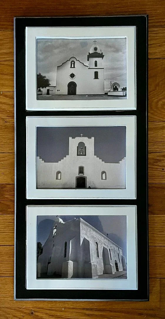 Black and white framed photography of El Paso Missions by Susan W Perez, rustic 20x9.5 inch artwork for wall display.