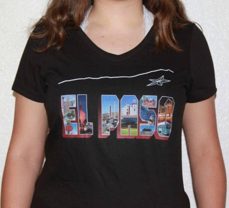 Unisex El Paso Postcard T-shirt by Miguel Martinez, 100% cotton featuring a vintage-style El Paso souvenir graphic.