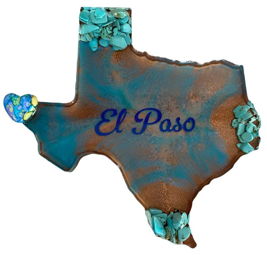 El Paso resin magnet with turquoise heart, southwestern souvenir and keepsake, featuring colorful design and Brigitte Rosson branding