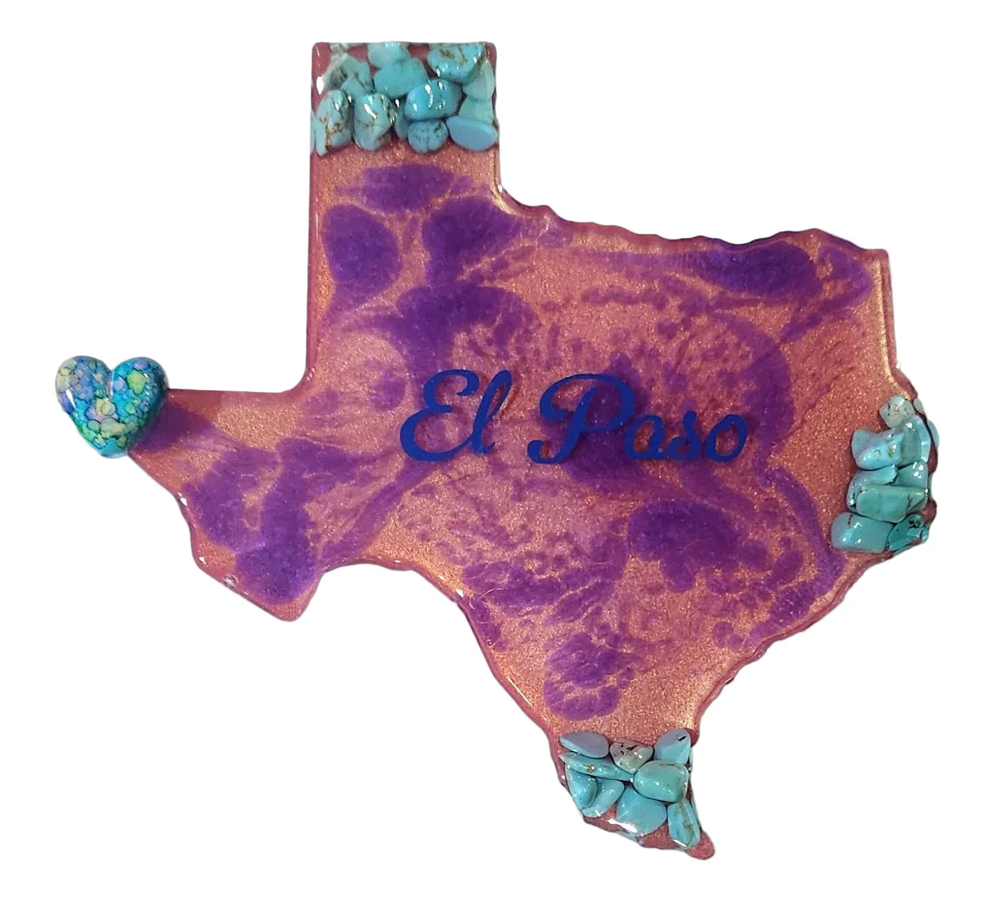 Assorted El Paso resin magnets featuring southwestern symbols, souvenirs, and keepsakes with vibrant designs by Brigitte Rosson.