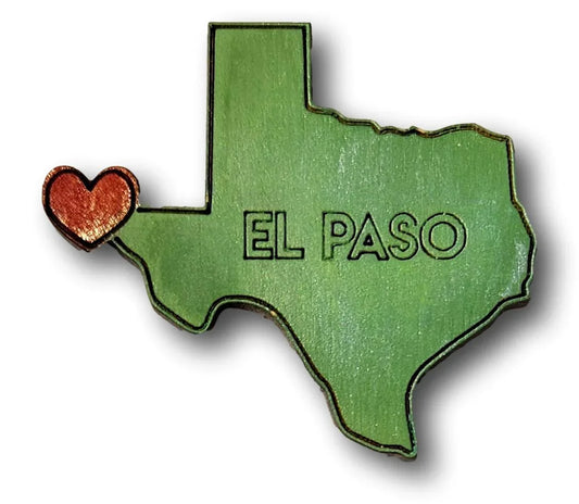 El Paso Texas-shaped laser cut wood magnet, 2x1.8 inches, souvenir or gift, featuring local El Paso design by Norma Cordova De Schaefer.
