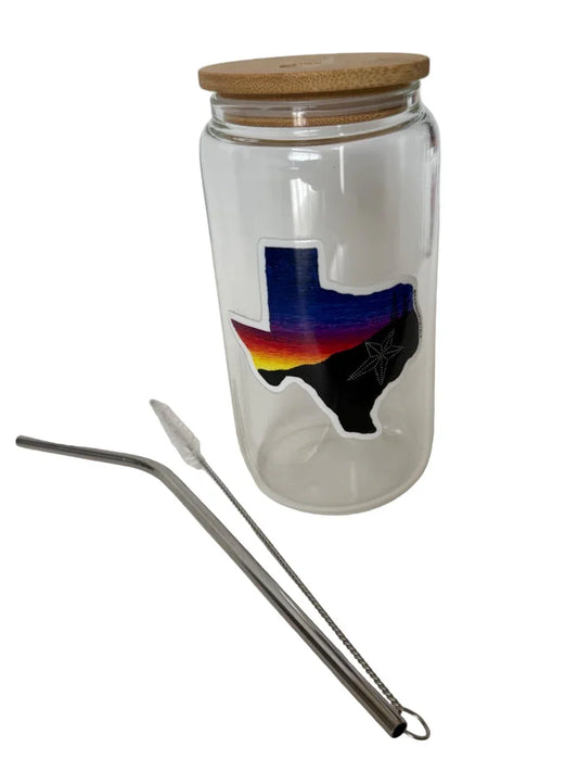 Krystal Molina El Paso Texas Sunset 16oz glass cup set with bamboo lid and stainless straw for stylish drinking.