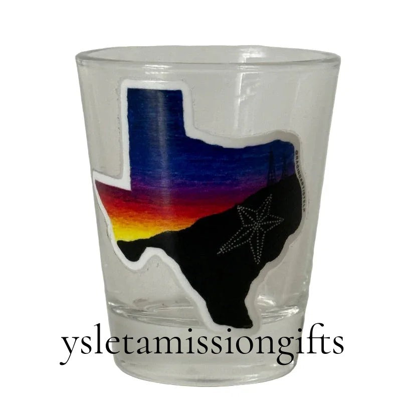 El Paso Texas Sunset shot glass by Krystal Molina, 1.5 oz souvenir for home and celebration, featuring a sunset design.