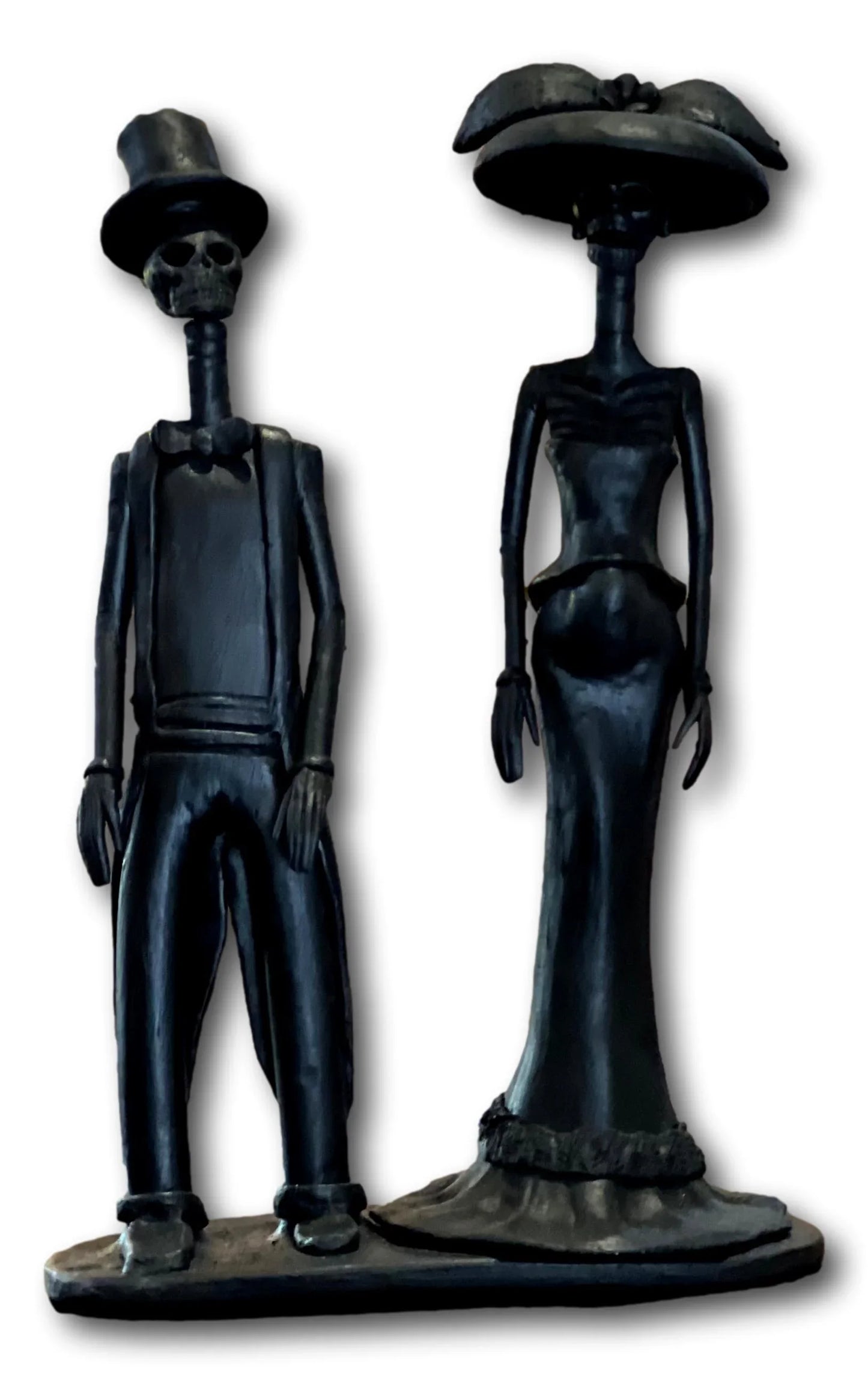 Elegant Folk Art Catrina couple figurine in black attire, Mexican Day of the Dead art, 12 x 8 inches, detailed home décor piece.