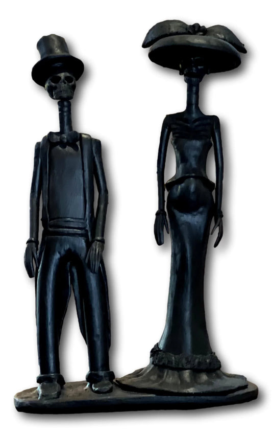 Elegant Folk Art Catrina couple figurine in black attire, Mexican Day of the Dead art, 12 x 8 inches, detailed home décor piece.