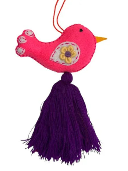 Colorful embroidered bird charm by Jose Alberto Chavez, handmade bag or car accessory with vibrant thread details.