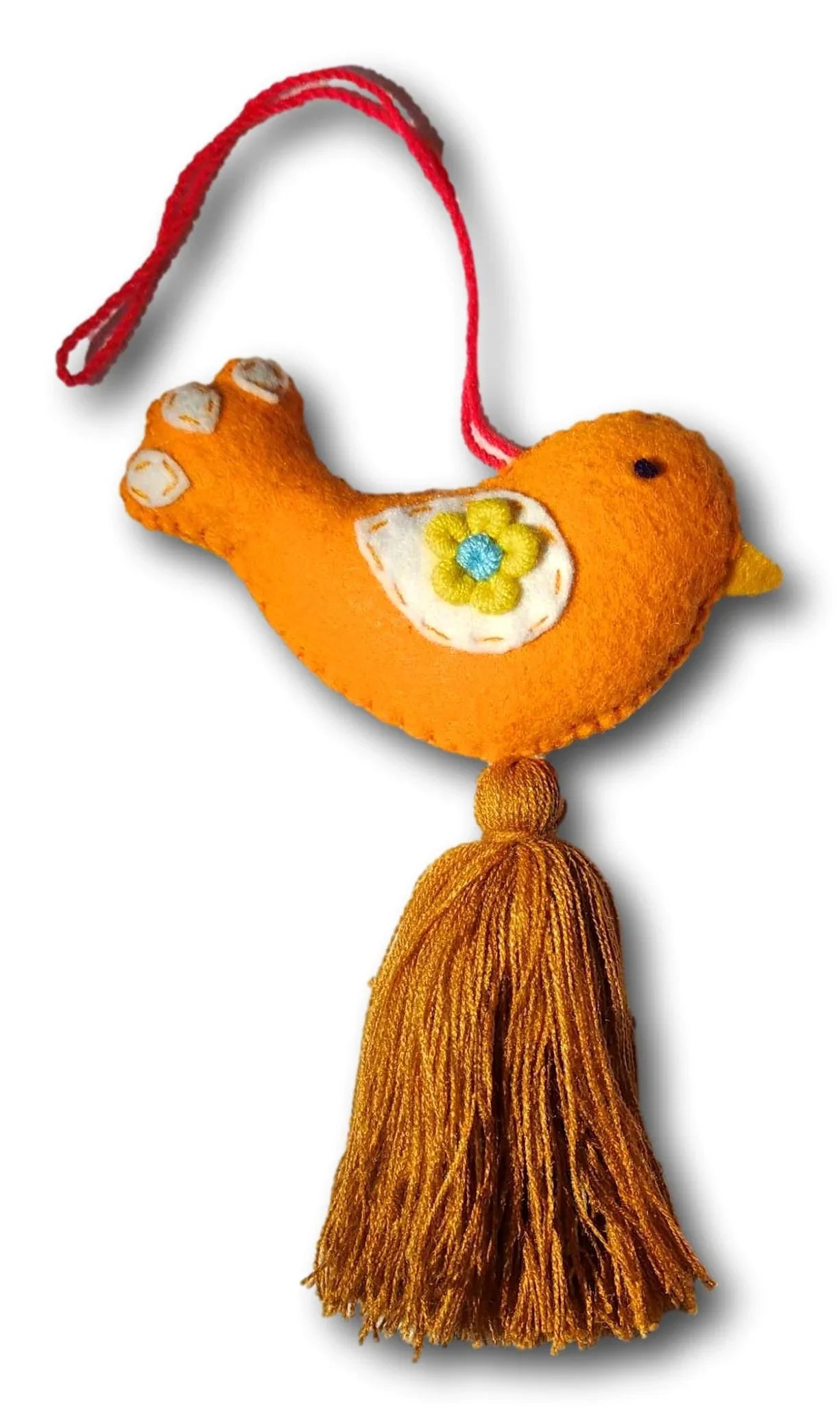 Colorful embroidered bird spring charm by Jose Alberto Chavez, a handmade bag or car accessory with vibrant details.