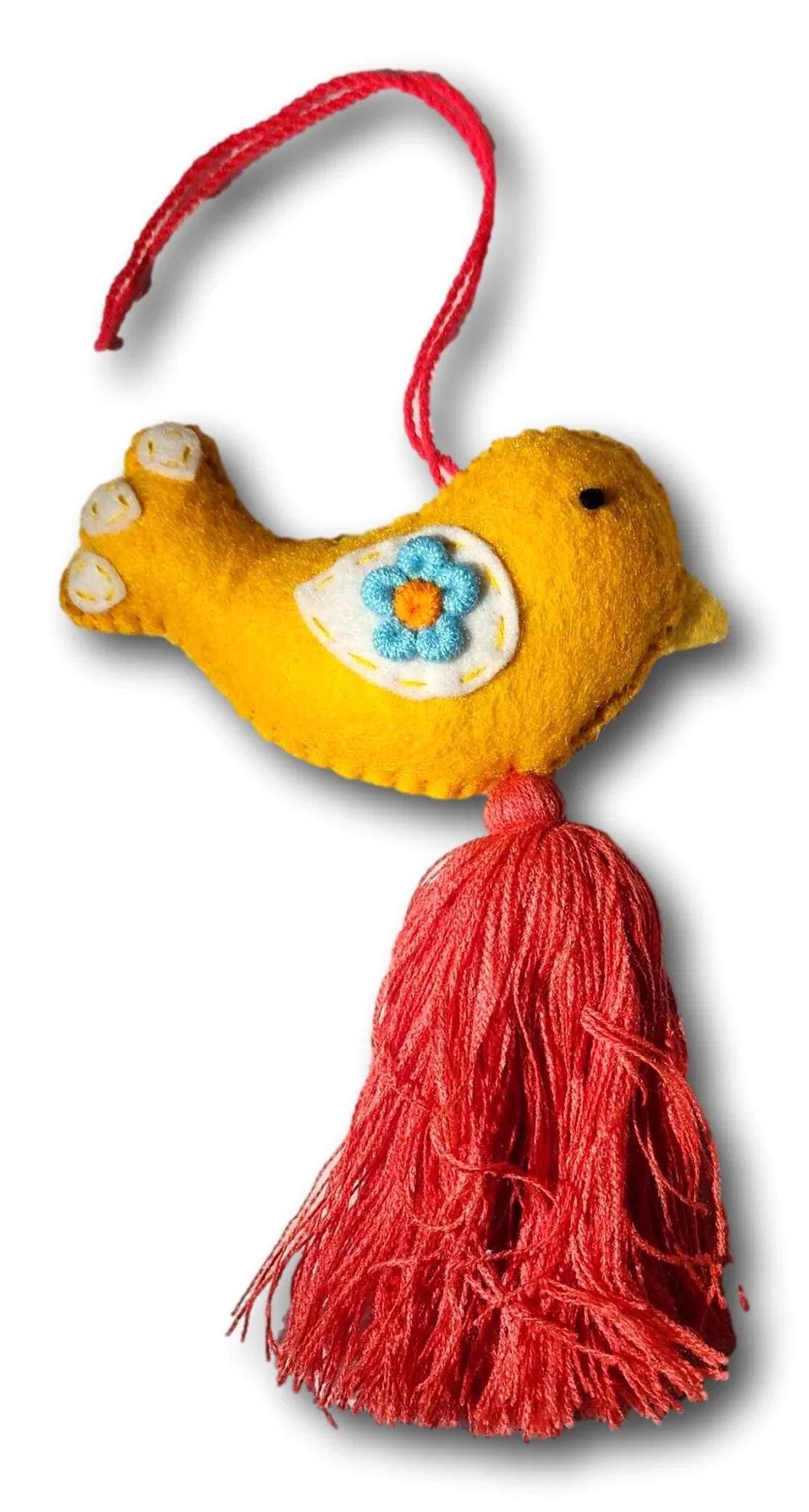 Colorful embroidered bird spring charm by Jose Alberto Chavez, a handmade bag or car accessory with vibrant floral details.