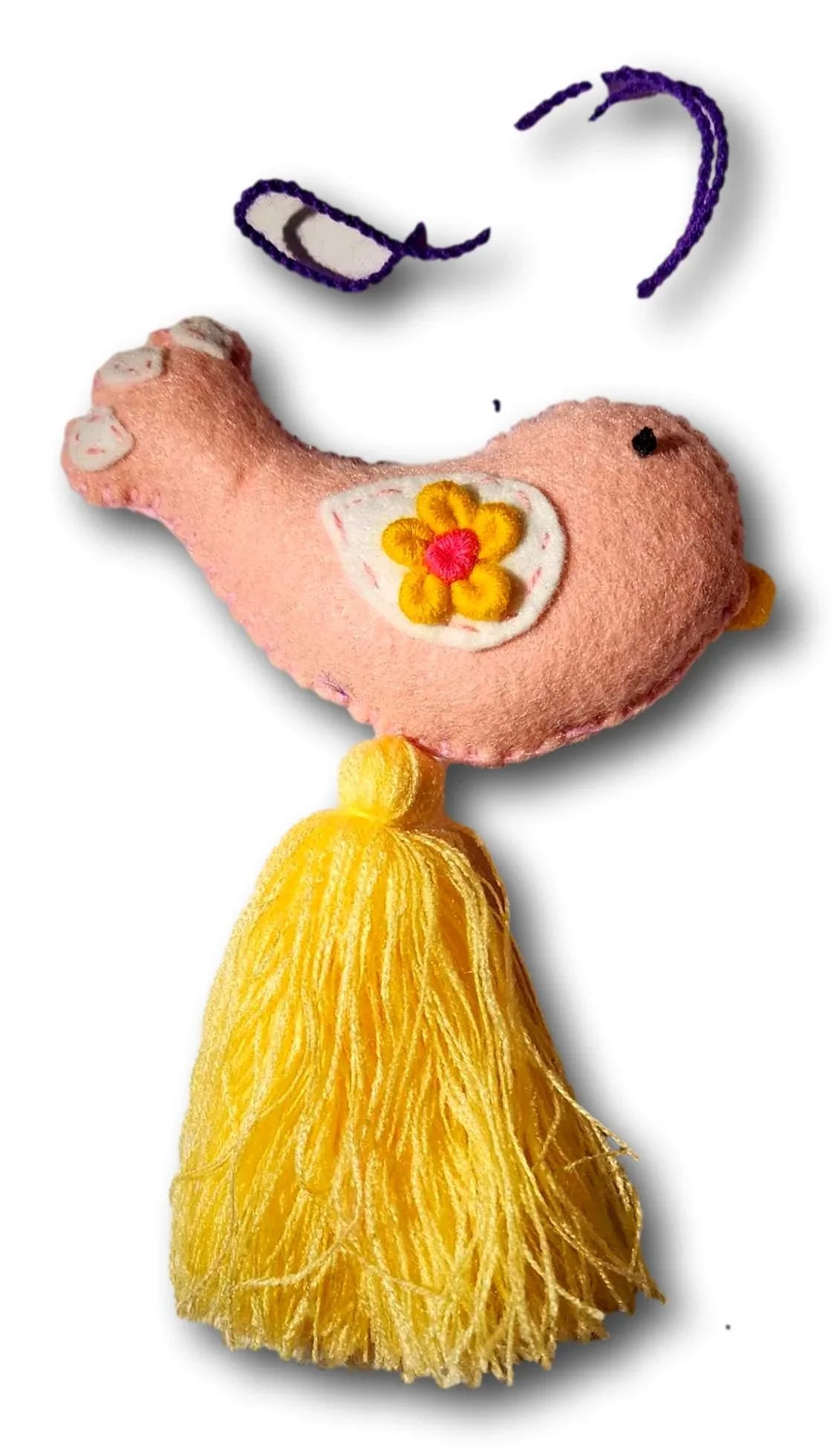 Colorful embroidered bird spring charm by Jose Alberto Chavez, handmade bag or car accessory with vibrant spring design.