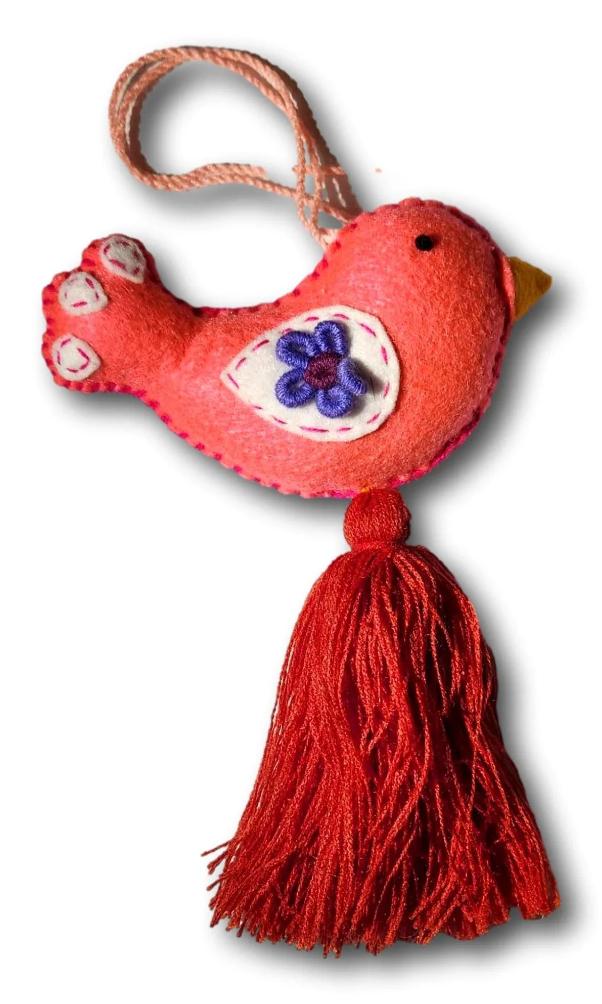 Colorful embroidered bird spring charm by Jose Alberto Chavez, handmade bag and car accessory with vibrant floral details.