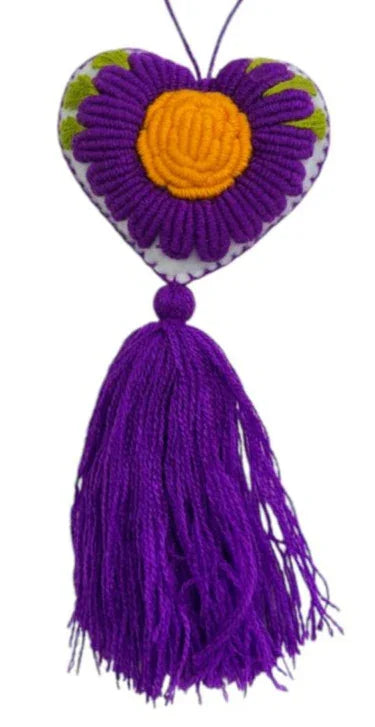 Handmade embroidered heart charm by Jose Alberto Chavez, Mexican textile ornament designed for bag accessories.