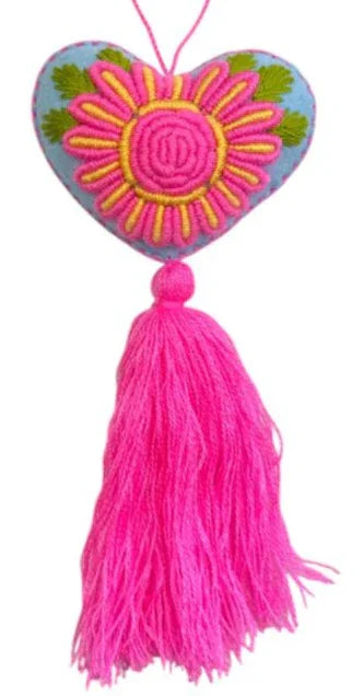 Handmade embroidered heart charm by Jose Alberto Chavez, Mexican textile ornament, perfect as a bag accessory or decorative piece.