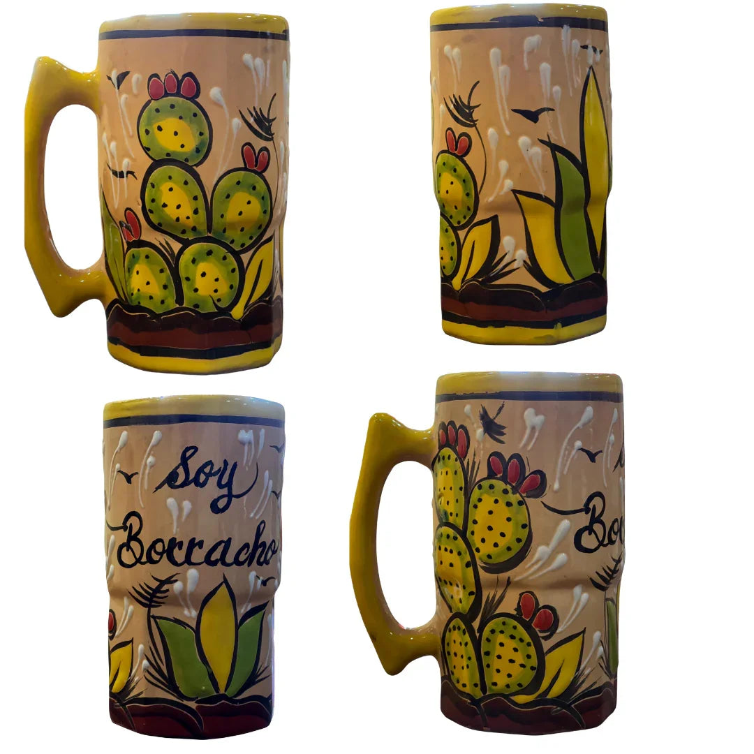 Extra large handcrafted Micheleros beer mug from Ysleta Mission Gift Shop, made in Mexico, with traditional design and sturdy handle.