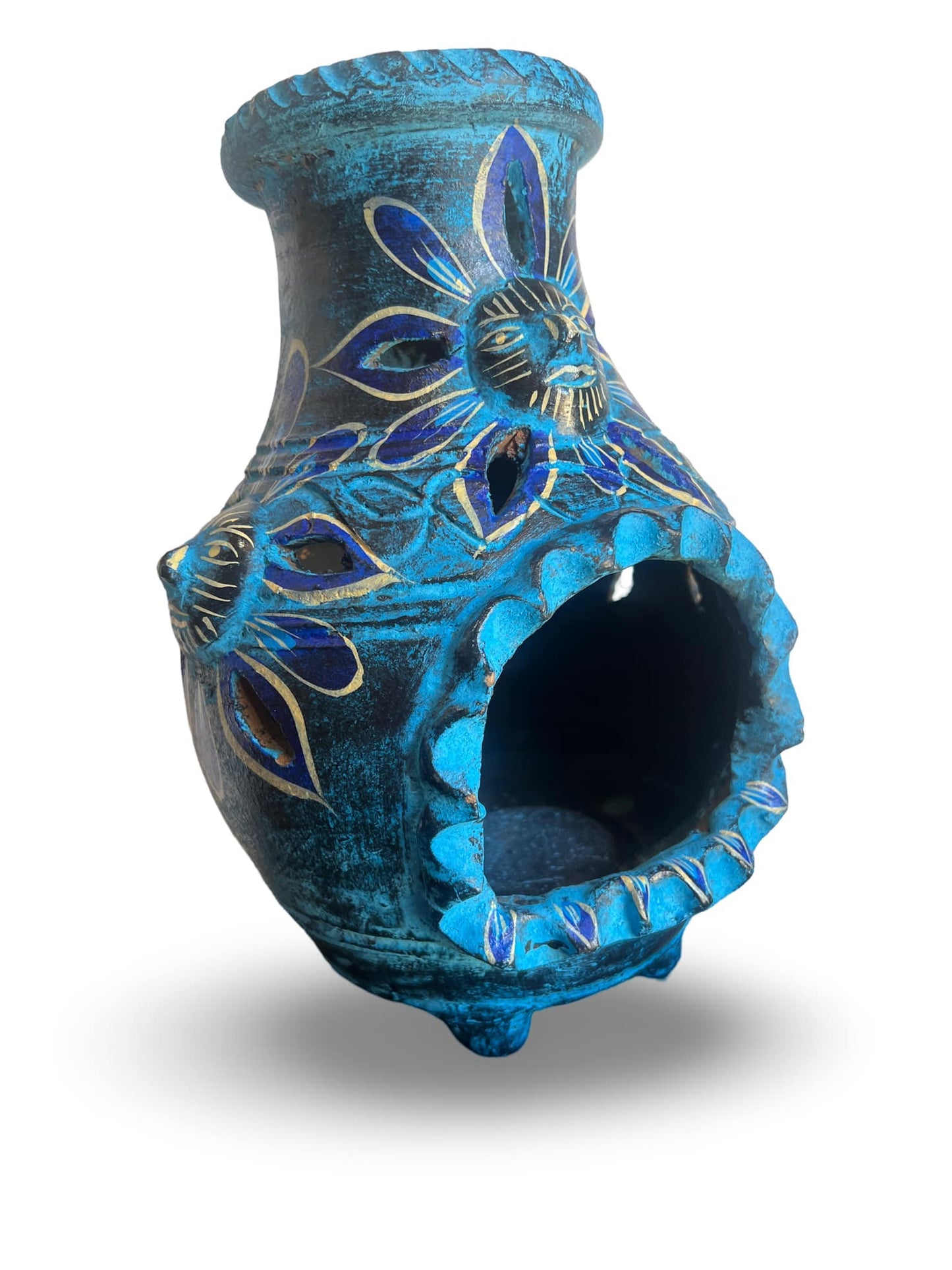 Clay Sun-Decorated Tabletop Chiminea – 6" x 12" Handcrafted in Mexico